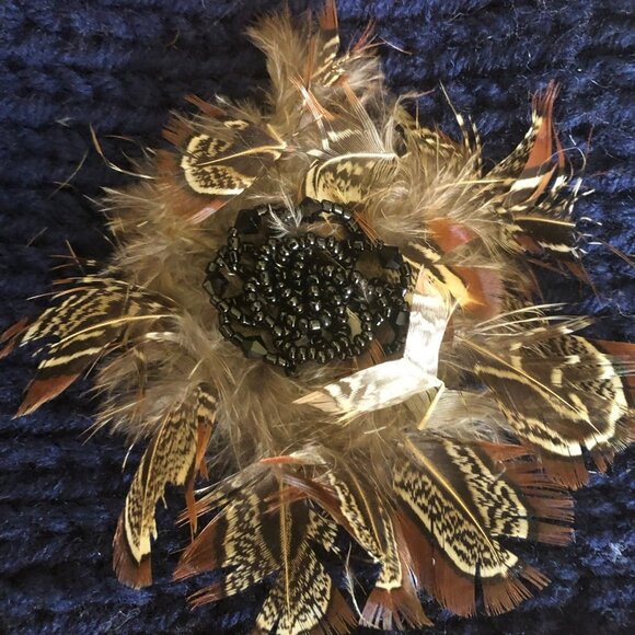 Vintage Y2K Knit Winter Headband Feather Bead Flower Accent Deep Blue One Size - Picture 7 of 11